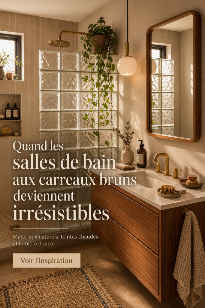Salle de bain moderne avec carrelage marron et éléments en bois.