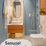 Salle de bain moderne avec des murs colorés et des accessoires assortis, créant une ambiance chaleureuse.