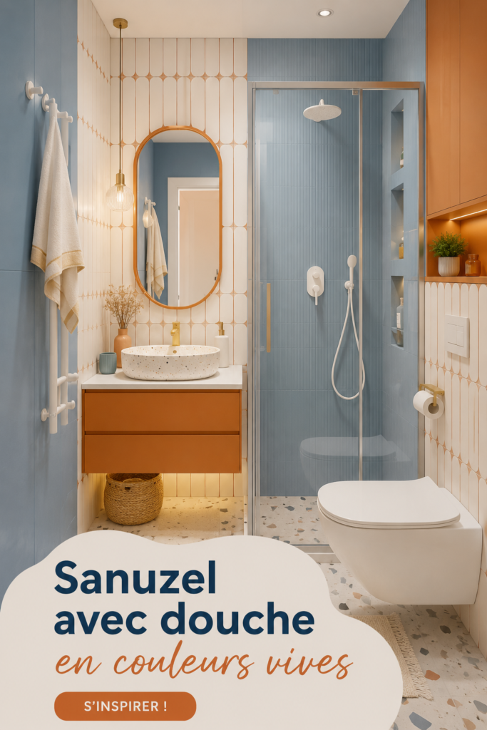 Salle de bain moderne avec des murs colorés et des accessoires assortis, créant une ambiance chaleureuse.