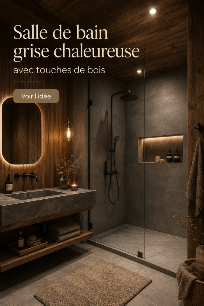 Salle de bain grise et bois, ambiance cosy et moderne