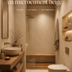 Salle de bain moderne avec finition en microciment beige et décoration élégante.