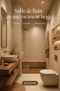 Salle de bain moderne avec finition en microciment beige et décoration élégante.