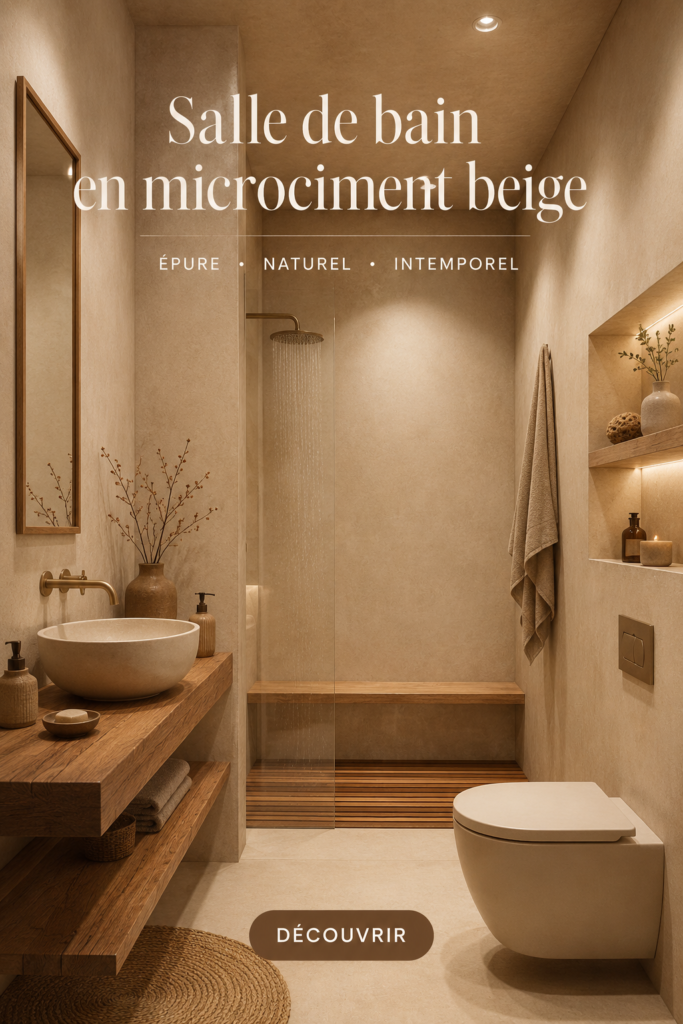 Salle de bain moderne avec finition en microciment beige et décoration élégante.
