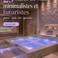 Salle de bain futuriste avec des lignes épurées et des matériaux modernes.