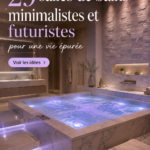 Salle de bain futuriste avec des lignes épurées et des matériaux modernes.