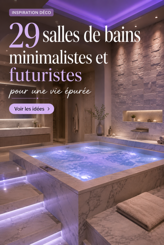 Salle de bain futuriste avec des lignes épurées et des matériaux modernes.