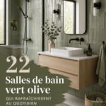 Salle de bain moderne avec des murs vert olive et des accessoires en bois