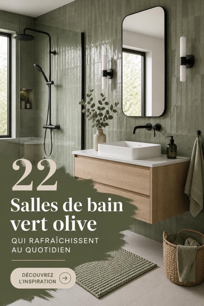 Salle de bain moderne avec des murs vert olive et des accessoires en bois