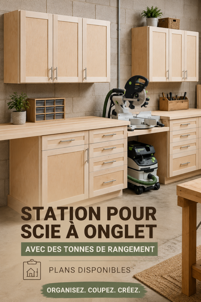 Station de sciage avec rangements intégrés dans un atelier bien organisé