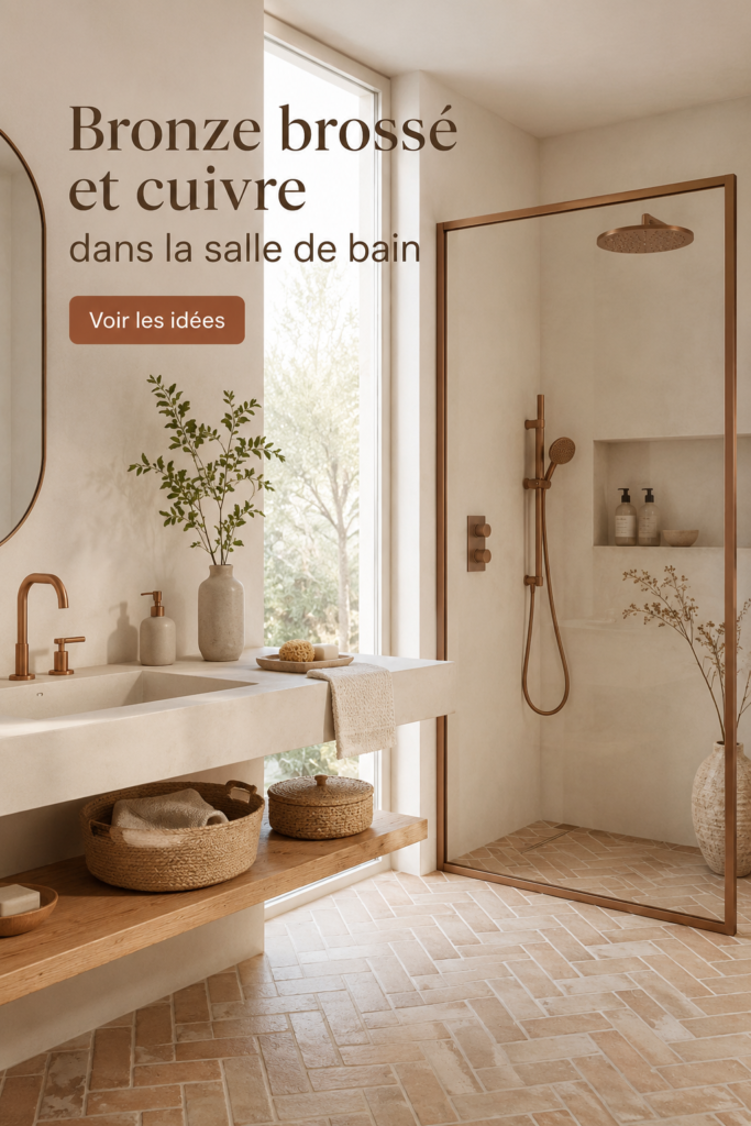 Salle de bain stylée avec des accents en bronze brossé et cuivre.