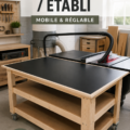 Table de travail mobile et réglable en bois dans un atelier bien éclairé