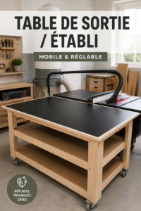 Table de travail mobile et réglable en bois dans un atelier bien éclairé