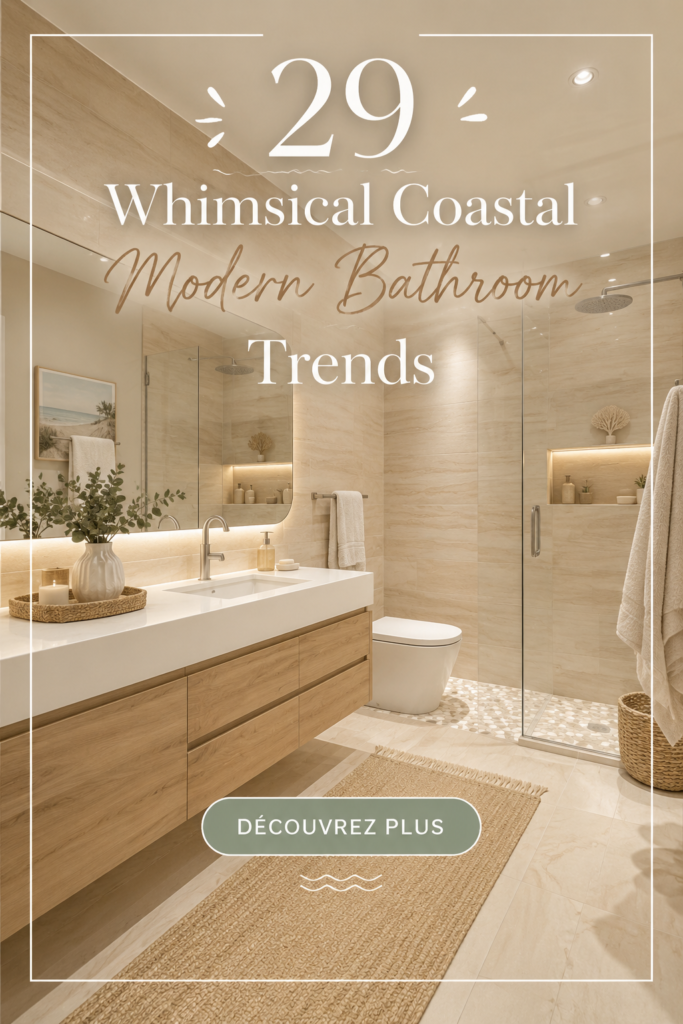 Salle de bain moderne décorée dans un style côtier utilisant des couleurs douces et des matériaux naturels