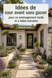 Un jardin esthétique sans pelouse, avec des plantes couvre-sol et des éléments en graviers.