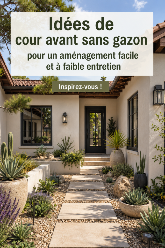 Un jardin esthétique sans pelouse, avec des plantes couvre-sol et des éléments en graviers.