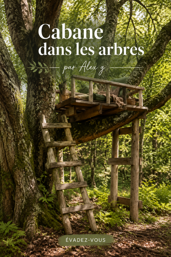 Cabane dans les arbres accueillante avec des branches verdoyantes autour.