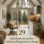 Un intérieur de cabine chaleureuse inspiré du style vintage, avec des éléments en bois et des couleurs douces.