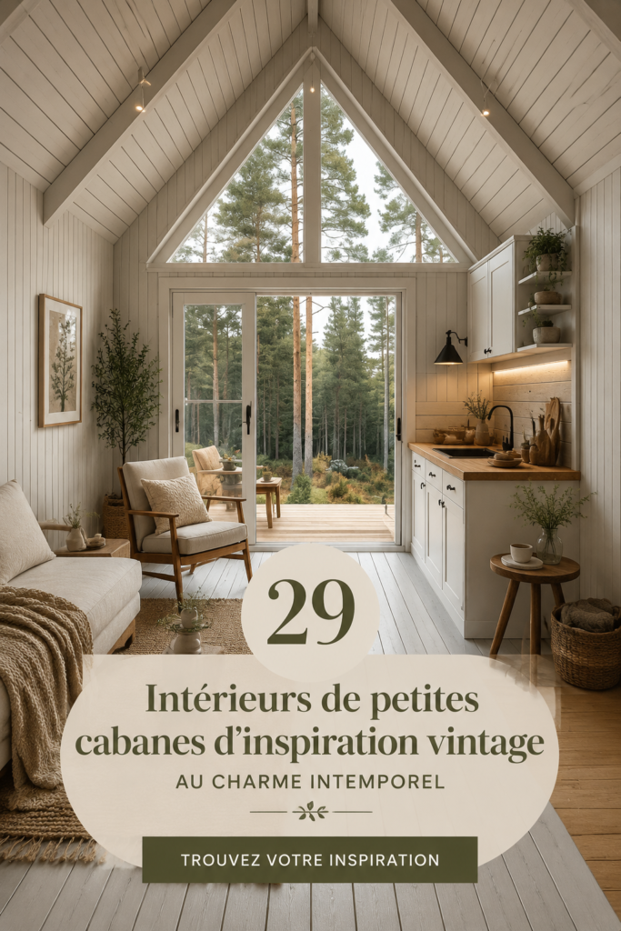 Un intérieur de cabine chaleureuse inspiré du style vintage, avec des éléments en bois et des couleurs douces.