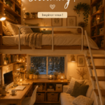 Chambre cosy au style loft avec des poutres apparentes et une décoration chaleureuse.