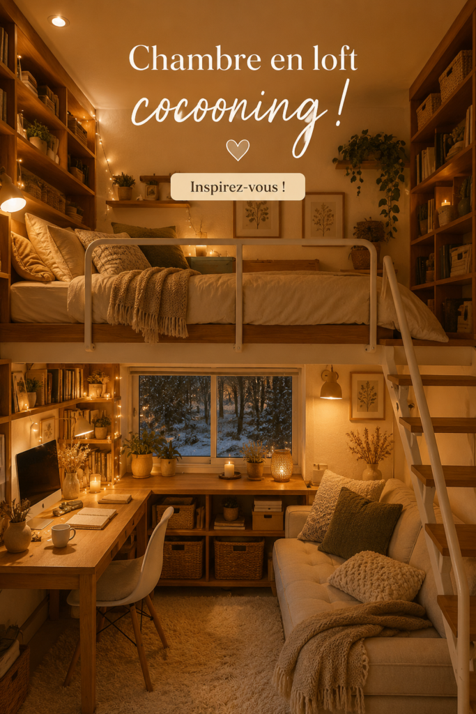 Chambre cosy au style loft avec des poutres apparentes et une décoration chaleureuse.