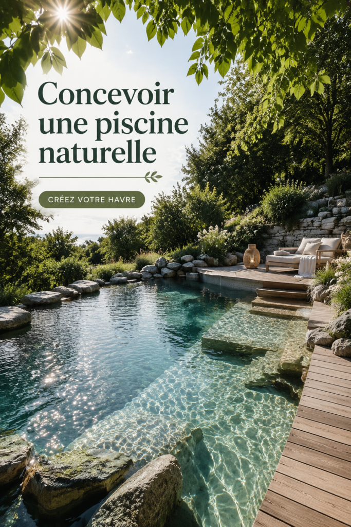 Une piscine naturelle et son aménagement paysager verdoyant