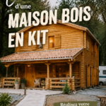 Maison en bois en kit en train d'être construite, montre des étapes d'assemblage