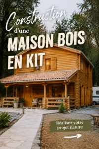 Maison en bois en kit en train d'être construite, montre des étapes d'assemblage