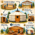 Yurta en construction dans un jardin, montrant une structure en bois et une toile