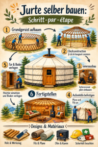 Yurta en construction dans un jardin, montrant une structure en bois et une toile