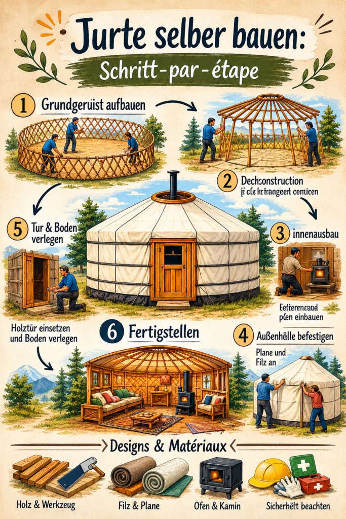 Yurta en construction dans un jardin, montrant une structure en bois et une toile