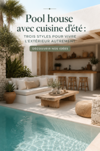 Cuisine d'été élégante dans un pool house, idéale pour les repas en extérieur.