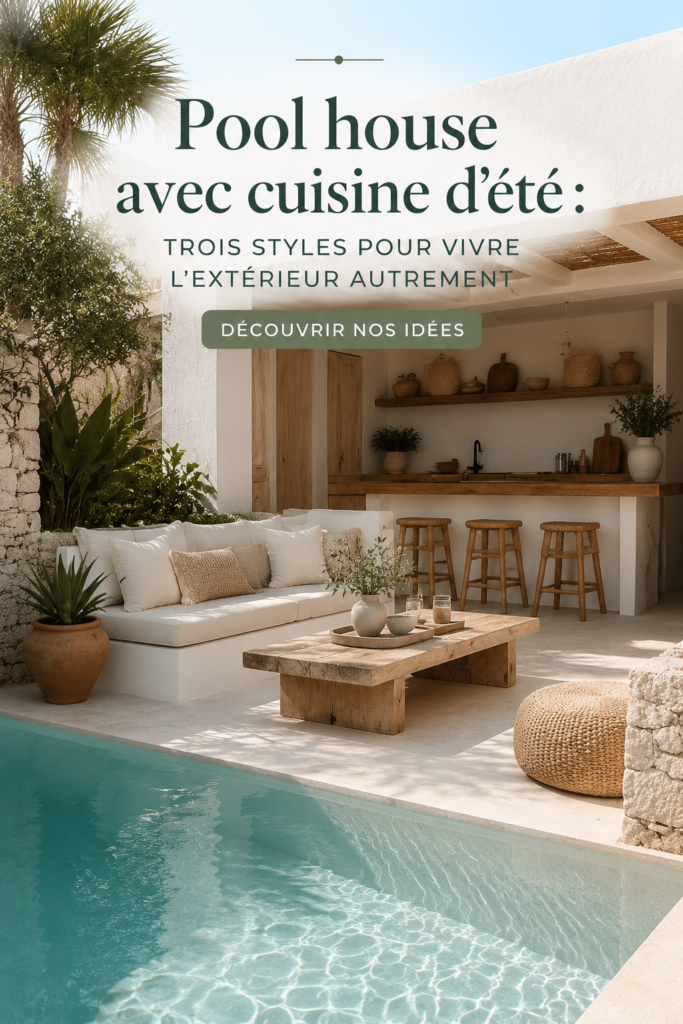 Cuisine d'été élégante dans un pool house, idéale pour les repas en extérieur.