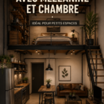 Aménagement d'une cuisine moderne à l'étage avec un salon chaleureux