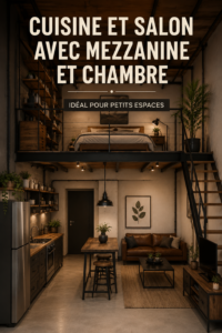Aménagement d'une cuisine moderne à l'étage avec un salon chaleureux