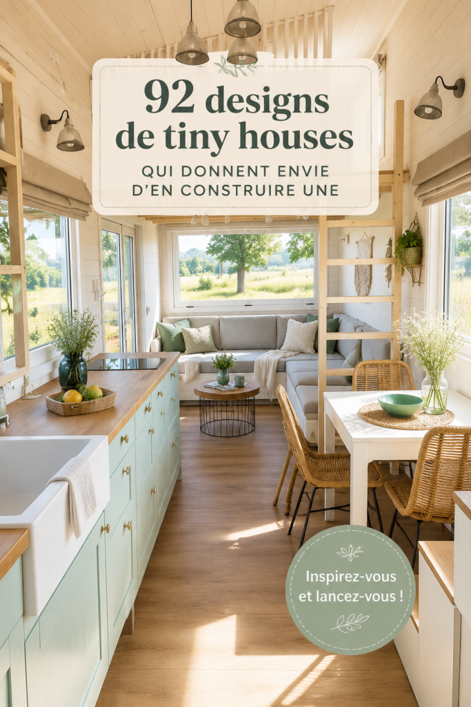 Une tiny house moderne en bois avec un design épuré, entourée de verdure.