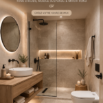 Salle de bain minimaliste avec meuble flottant et miroir rond écoresponsable.