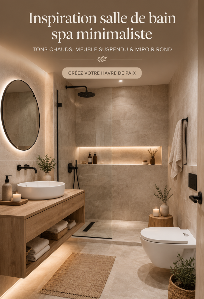 Salle de bain minimaliste avec meuble flottant et miroir rond écoresponsable.