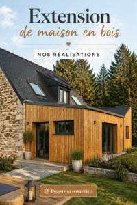 Extension en bois moderne intégrée à un jardin verdoyant, apportant lumière et espace.