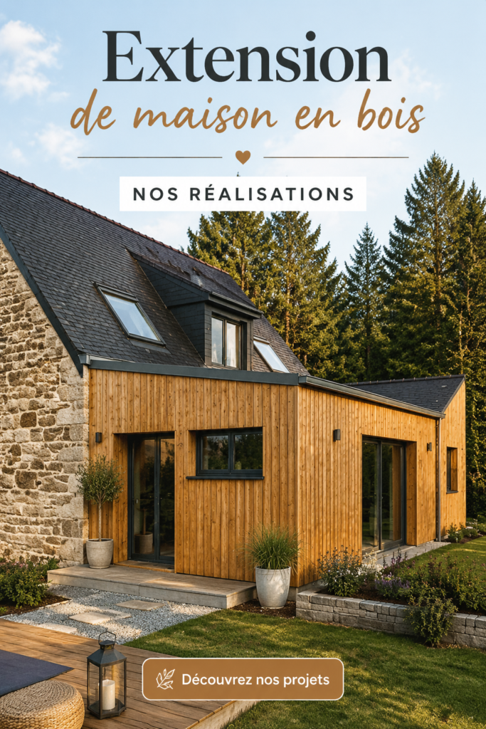 Extension en bois moderne intégrée à un jardin verdoyant, apportant lumière et espace.