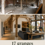 Grand loft moderne issu de la rénovation d'une grange, avec de grandes fenêtres et des éléments en bois.