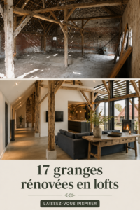 Grand loft moderne issu de la rénovation d'une grange, avec de grandes fenêtres et des éléments en bois.