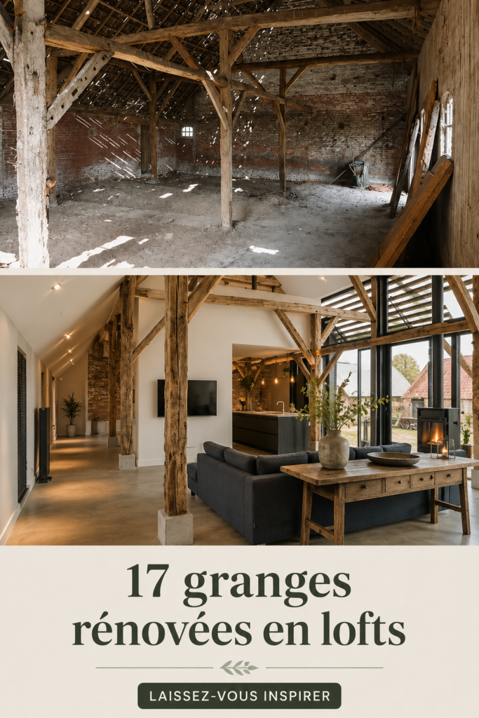 Grand loft moderne issu de la rénovation d'une grange, avec de grandes fenêtres et des éléments en bois.