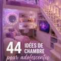 Chambre adolescente décorée avec des tonalités douces et des éléments de personnalisation créatifs.