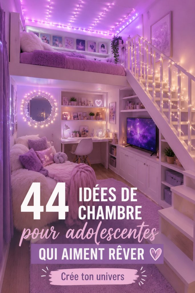 Chambre adolescente décorée avec des tonalités douces et des éléments de personnalisation créatifs.