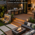 Terrasse moderne en bois avec mobilier extérieur esthétique, idéal pour un jardin convivial.
