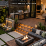 Terrasse moderne en bois avec mobilier extérieur esthétique, idéal pour un jardin convivial.