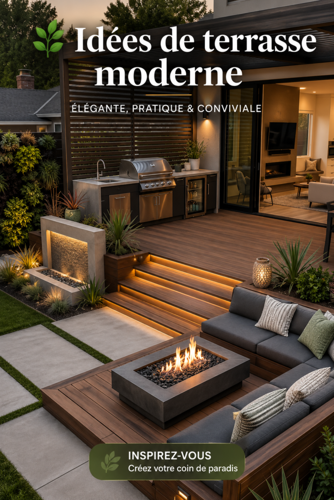 Terrasse moderne en bois avec mobilier extérieur esthétique, idéal pour un jardin convivial.