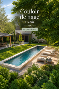 Couloir de nage 11x3 m installé dans un jardin, entouré de fleurs et d'arbres.