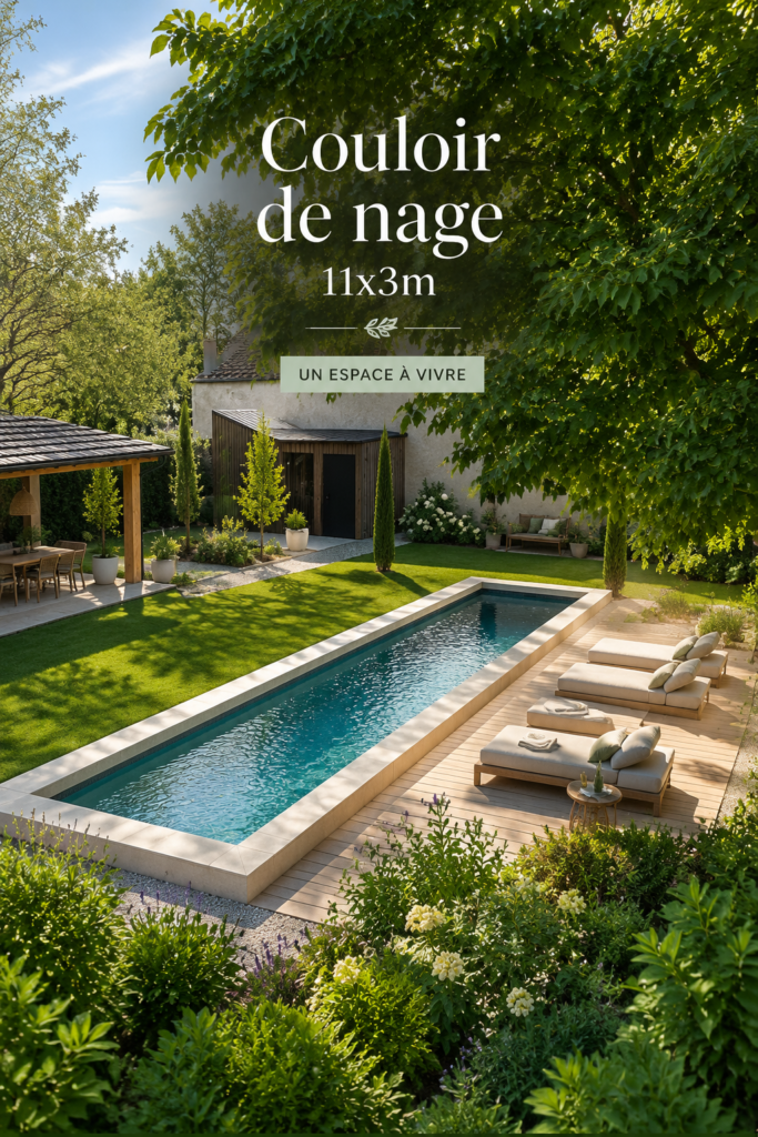 Couloir de nage 11x3 m installé dans un jardin, entouré de fleurs et d'arbres.