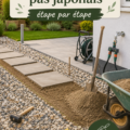 Installation de pas japonais en pierre dans un jardin verdoyant.